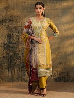 Libas - Yellow Floral Sequined Work Kurta with Pant and Dupatta