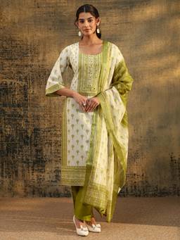 Libas - Off White-Green Floral Sequined Work Kurta with Pant and Dupatta