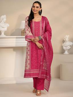 Libas - Pink Floral Sequined Work Kurta with Pant and Dupatta