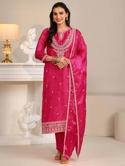 Libas - Pink Embroidered Thread Work Kurta with Pant and Dupatta