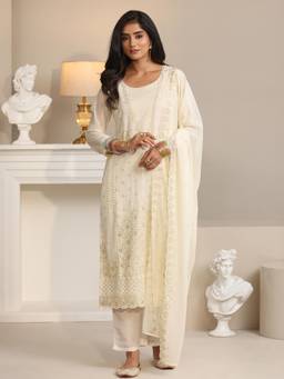 Libas - Off White Embroidered Sequined Work Kurta with Pant and Dupatta