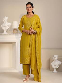 Libas - Mustard Embroidered Sequined Work Kurta with Pant and Dupatta