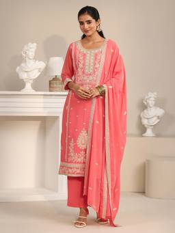 Libas - Coral Embroidered Thread Work Kurta with Pant and Dupatta