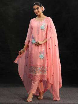 Libas - Peach Floral Embroidered Kurta with Pant and Dupatta