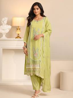 Libas - Green Floral Embroidered Kurta with Pant and Dupatta