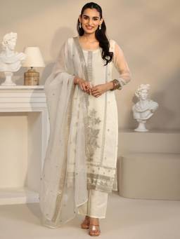 Libas - White Embroidered Sequined Work Kurta with Pant and Dupatta