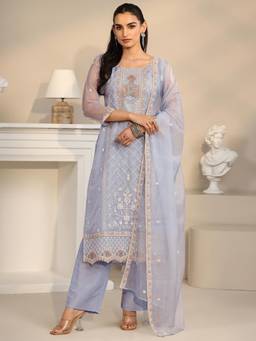 Libas - Blue Floral Embroidered Kurta with Pant and Dupatta