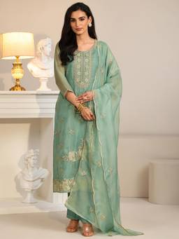 Libas - Green Floral Embroidered Kurta with Pant and Dupatta