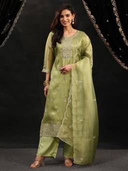 Libas - Green Embroidered Sequined Work Kurta with Pant and Dupatta