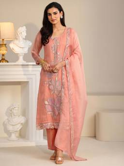 Libas - Peach Floral Embroidered Kurta with Pant and Dupatta