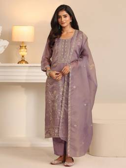 Libas - Lavender Floral Embroidered Kurta with Pant and Dupatta