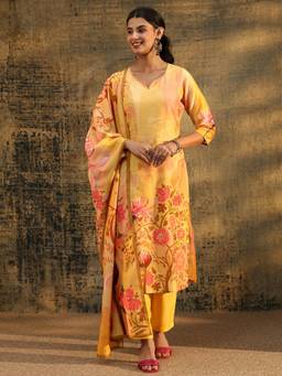Libas - Yellow Floral Printed Kurta with Pant and Dupatta