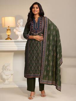 Libas - Olive Floral Printed Kurta with Pant and Dupatta