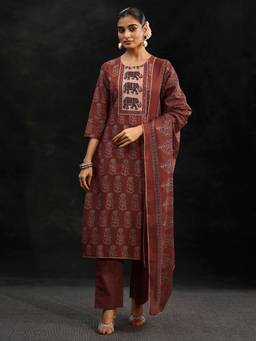 Libas - Rust Floral Printed Kurta with Pant and Dupatta