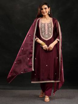 Libas - Maroon Embroidered Sequined Work Kurta with Pant and Dupatta
