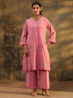 Libas - Pink Floral Embroidered Kurta with Pant
