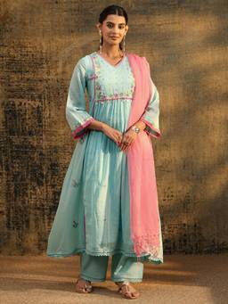 Libas - Blue Floral Embroidered Anarkali Kurta with Pant and Dupatta