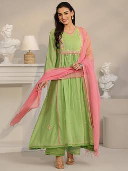 Libas - Green Floral Embroidered Anarkali Kurta with Pant and Dupatta