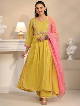 Libas - Yellow Floral Embroidered Anarkali Kurta with Pant and Dupatta