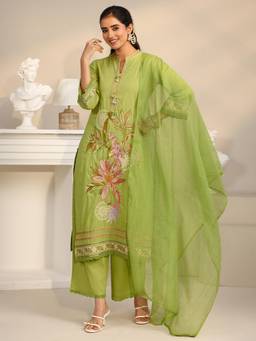 Libas - Green Floral Embroidered Kurta with Pant and Dupatta