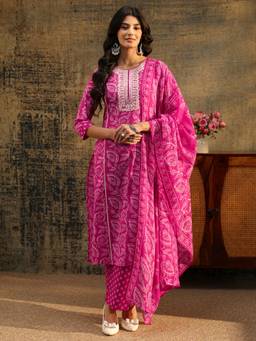 Libas - Pink Floral Embroidered Kurta with Pant and Dupatta