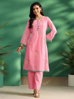 Libas - Pink Floral Embroidered Kurta with Pant