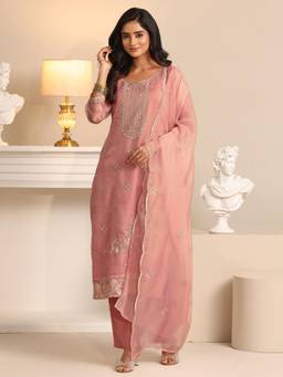 Libas - Pink Floral Embroidered Kurta with Pant and Dupatta