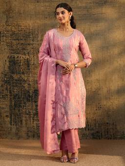 Libas - Pink Floral Embroidered Kurta with Pant and Dupatta