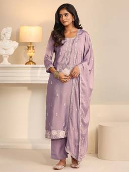 Libas - Lavender Floral Embroidered Kurta with Pant and Dupatta