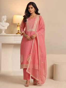 Libas - Peach Embroidered Sequined Work Kurta with Pant and Dupatta
