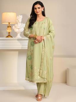 Libas - Green Floral Embroidered Kurta with Pant and Dupatta