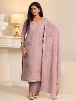 Libas - Lavender Floral Embroidered Kurta with Pant and Dupatta