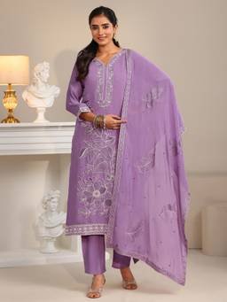 Libas - Purple Floral Embroidered Kurta with Pant and Dupatta