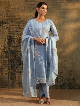 Libas - Blue Floral Embroidered Kurta with Pant and Dupatta