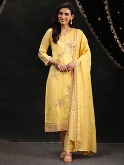 Libas - Yellow Floral Embroidered Kurta with Pant and Dupatta