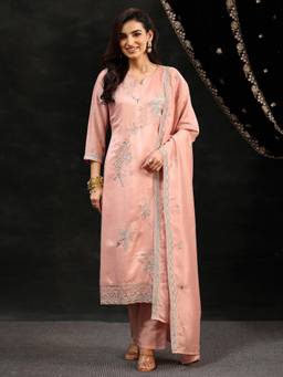 Libas - Pink Floral Embroidered Kurta with Pant and Dupatta