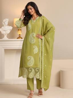 Libas - Green Paisley Embroidered Kurta with Pant and Dupatta