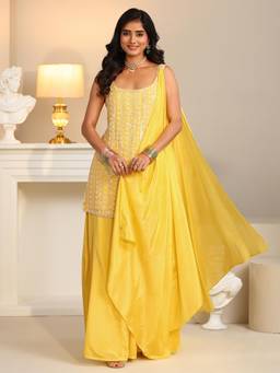 Libas Art - Yellow Embroidered Sequined Work Kurti with Palazzo and Dupatta