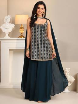 Libas Art - Teal Embroidered Sequined Work Kurti with Palazzo and Dupatta