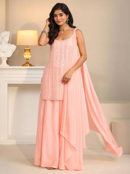 Libas Art - Pink Embroidered Sequined Work Kurti with Palazzo and Dupatta