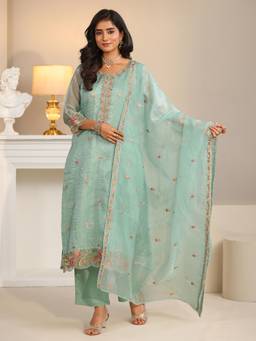 Libas - Blue Floral Embroidered Kurta with Pant and Dupatta