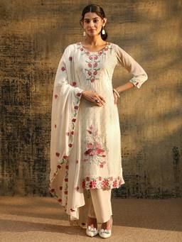 Libas - White Floral Embroidered Kurta with Pant and Dupatta