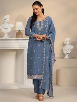 Libas - Blue Floral Embroidered Kurta with Pant and Dupatta