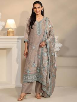 Libas - Grey Floral Embroidered Kurta with Pant and Dupatta
