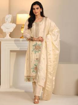 Libas - Cream Floral Embroidered Kurta with Pant and Dupatta