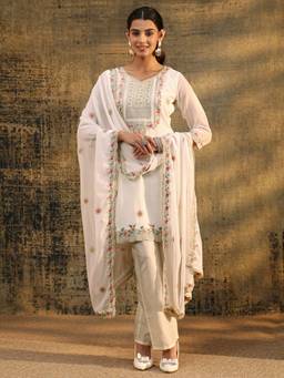 Libas - White Floral Embroidered Kurti with Pant and Dupatta