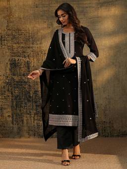 Libas - Black Embroidered Thread Work Kurta with Pant and Dupatta