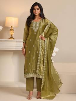 Libas - Olive Floral Embroidered Kurta with Pant and Dupatta
