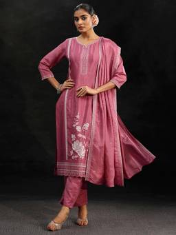 Libas - Pink Floral Embroidered Kurta with Pant and Dupatta