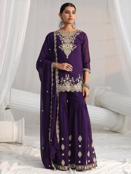Libas - Purple Embroidered Thread Work Kurti with Sharara and Dupatta